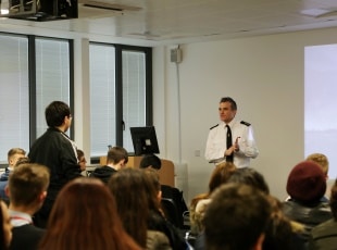 Martin Ward-White, West Midlands Fire Service speaks to students