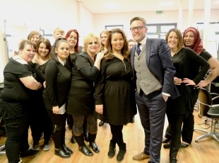 Hairdressing students with Optima's Pete Murtha