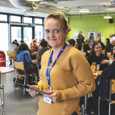 Teacher in cafeteria