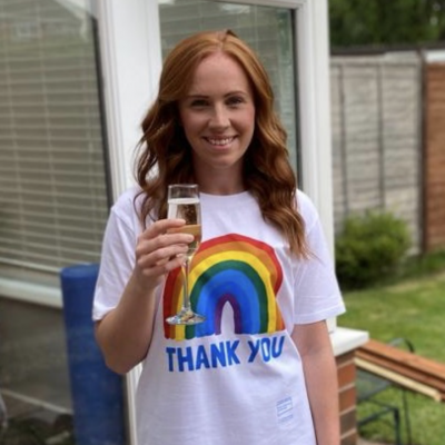 Kim Killeen with a rainbow tshirt on