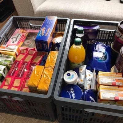 boxed items including food and drink