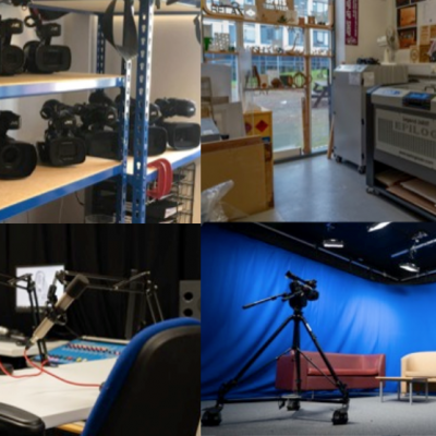 various creative spaces including a studio and sound desk