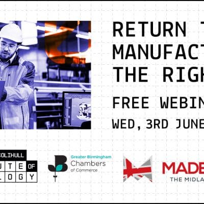 A poster with return to manufacturing the right way and a picture of two men in a factory