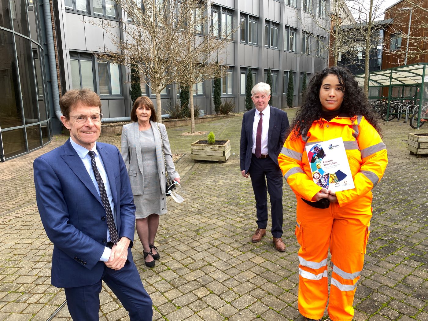 Pictured at the launch of ‘Reignite Your Future’ are L-R Mayor of the West Midlands Andy Street, Rose Rees, head of engagement and skills at Midland Metro Alliance, Lowell Williams, Chair of Colleges West Midlands, and learner Iman Khan