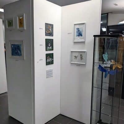 Artwork on white canvases