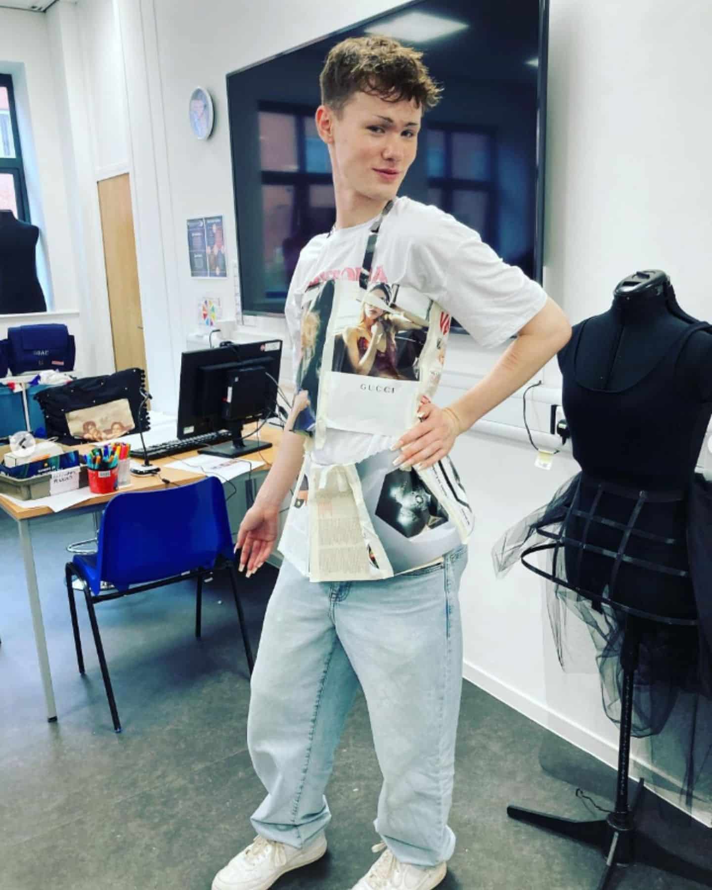 student showcasing fashion top