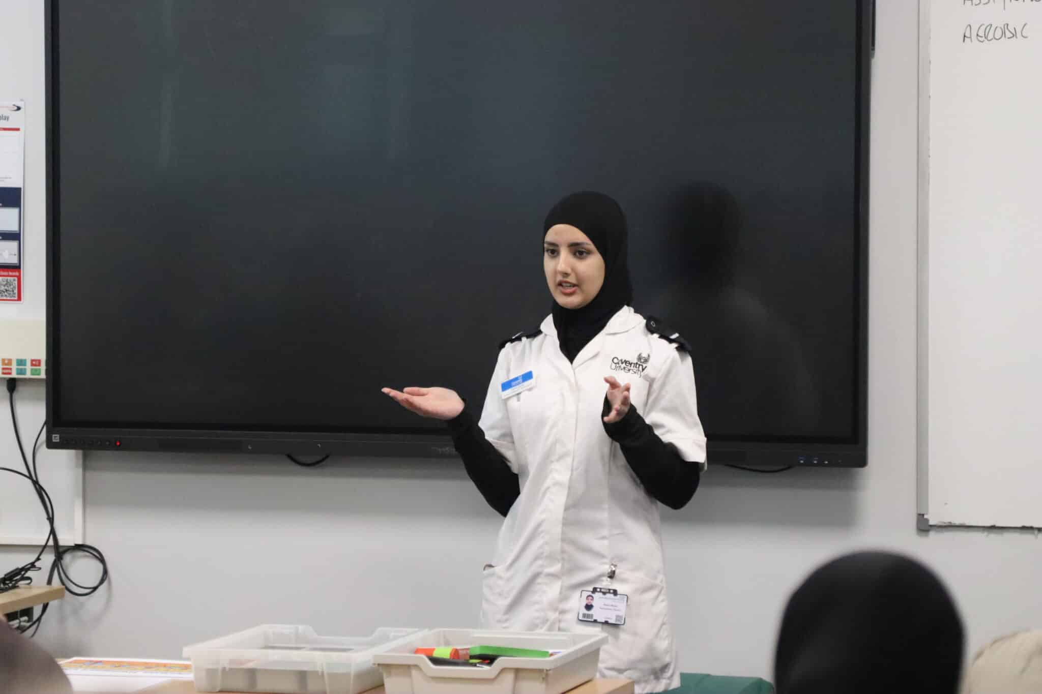 Rasha chatting to science students at solihull College & University Centre