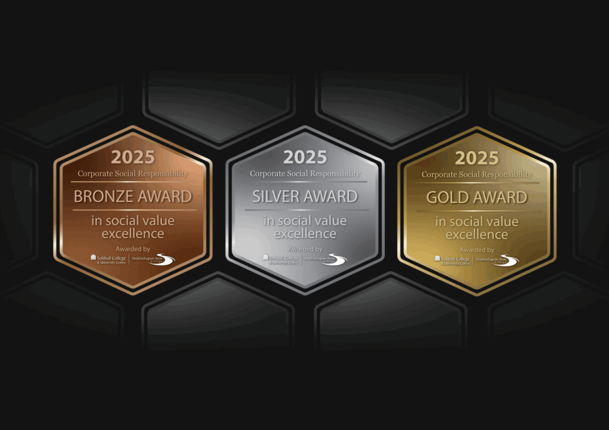 Bronze, silver and gold digital award badges on black background.