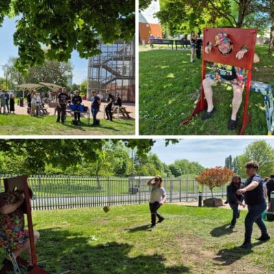 a montage of pictures of the fundraising event including students throwing water at a lecturer in the stocks!