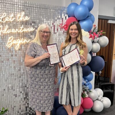 Laura (right) with CIPD lecturer Nicky Small at the Apprenticeship Impact Awards