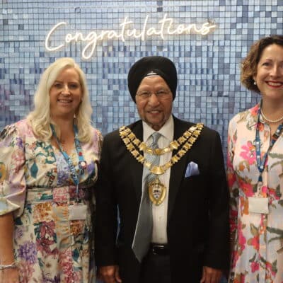 Councillor Sardul Singh Marwa MBE JP, the Mayor of Solihull (centre) with College staff members Kelly Greevy (left) and Nancy Buckley (right)
