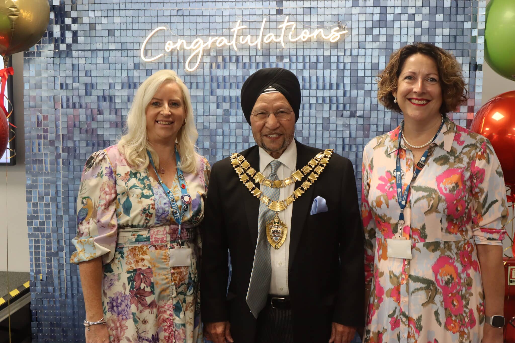 Councillor Sardul Singh Marwa MBE JP, the Mayor of Solihull (centre) with College staff members Kelly Greevy (left) and Nancy Buckley (right)